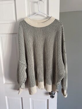 Aerie Striped Crewneck Sweater in Cream and Palm Green